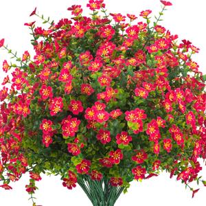Grunyia Outdoor Artificial Flowers UV Resistant & Fade Proof, 12 Pack Realistic Fake Flowers for Garden, Patio, Lawn Decor - Weatherproof Plastic Plants (Rose Red)