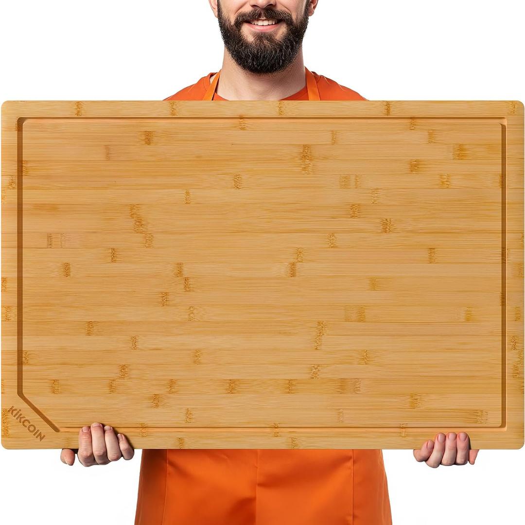 Kikcoin 3020 Bamboo Cutting Boards for Kitchen, Heavy Duty Wooden Cutting Boards, Healthy Extra Large Chopping Boards with Deep Juice Groove and Handle, Oversized Stove Top Cover, Natural