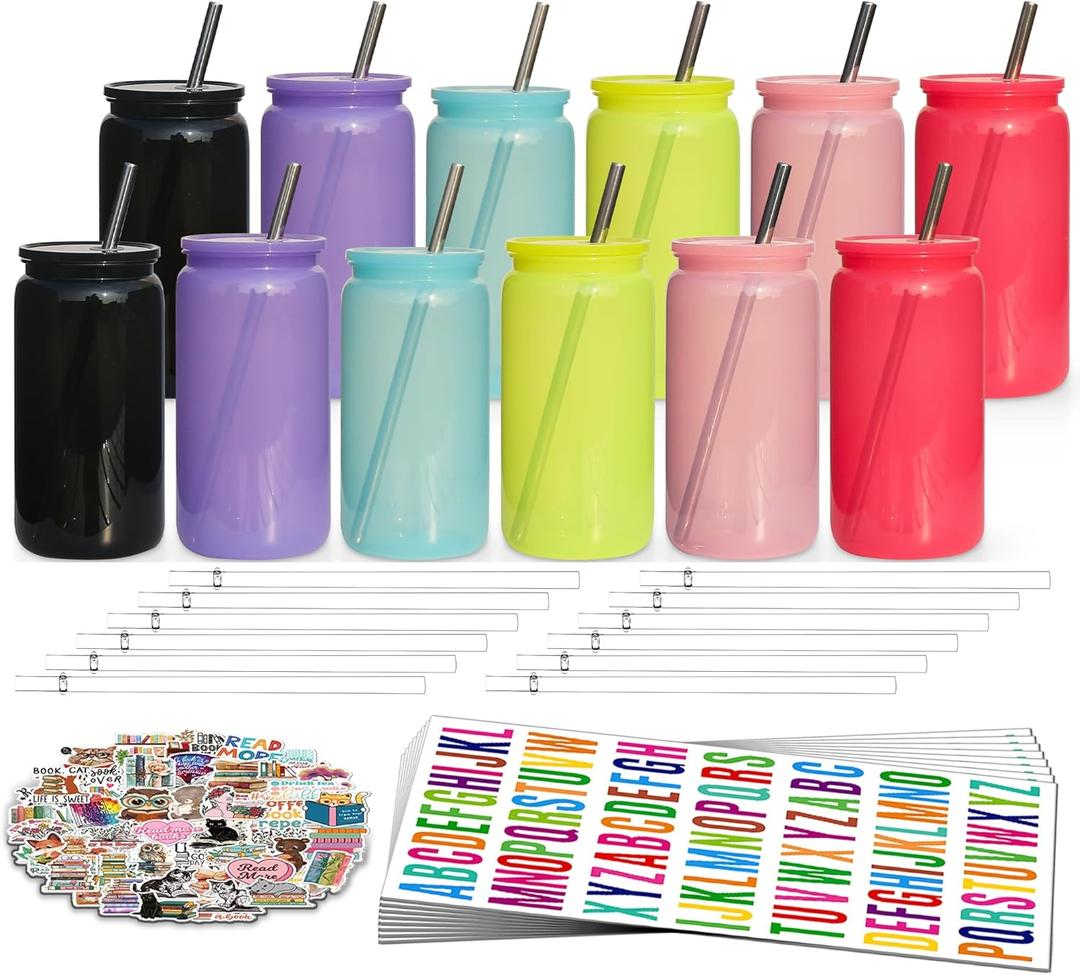 16 oz Plastic Cups Reusable with Lids and Straws & DIY Sticker, 12Pack Acrylic Mason Jars Iced Coffee Drinking Glasses Cup for Park Picnic, Poolside, Party Giveaways, Jelly Color