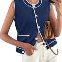 Yousify Womens Knit Tank Tops 2025 Summer Sleeveless Sweater Vest Round Neck Button Down Casual Cardigan with Pockets (Small, Navy Blue)