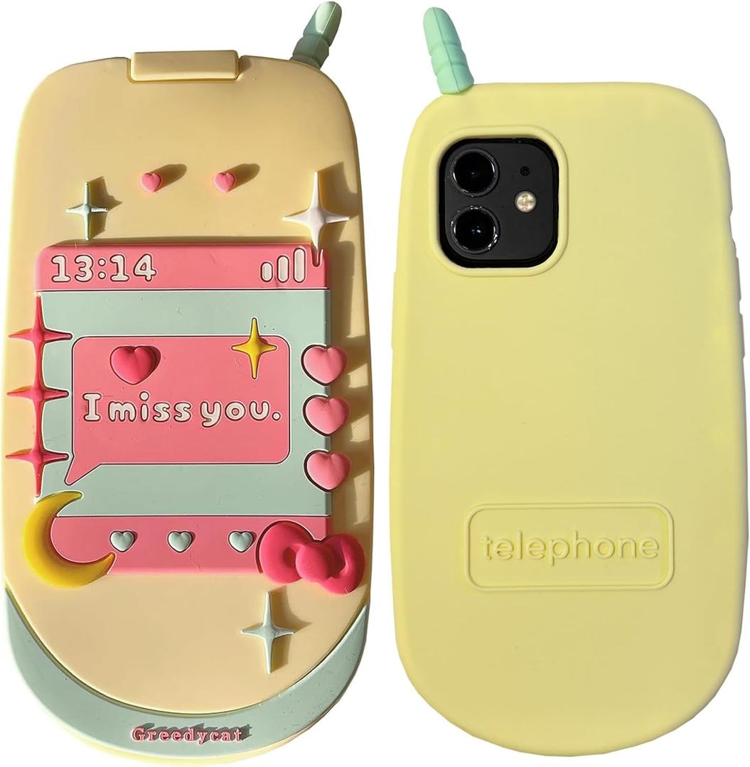 Mirror Case Compatible with iPhone 12/12 ProCute Kawaii 3D Cartoon Retro Phone Cover Fun Soft Rubber Shockproof Protector for Women Girls-Flip Yellow