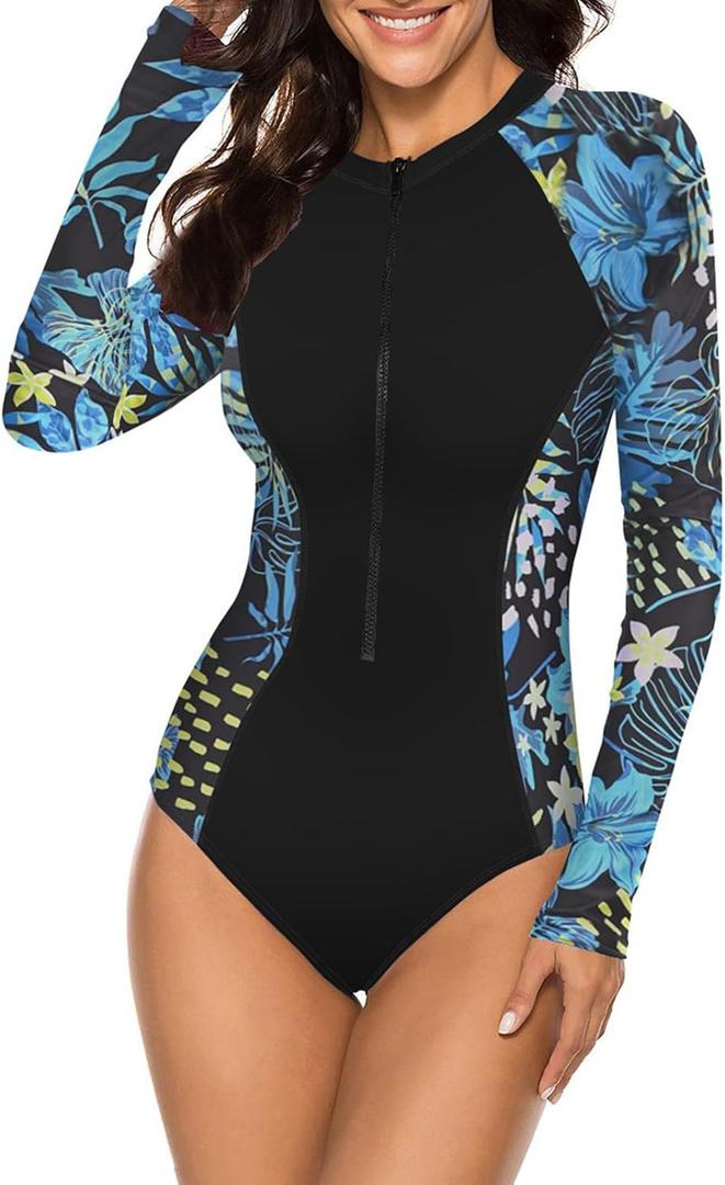 SELINK Women's Long Sleeve Rash Guard UV Protection Zipper Printed Surfing One Piece Swimsuit Bathing Suit Blue Floral-XL