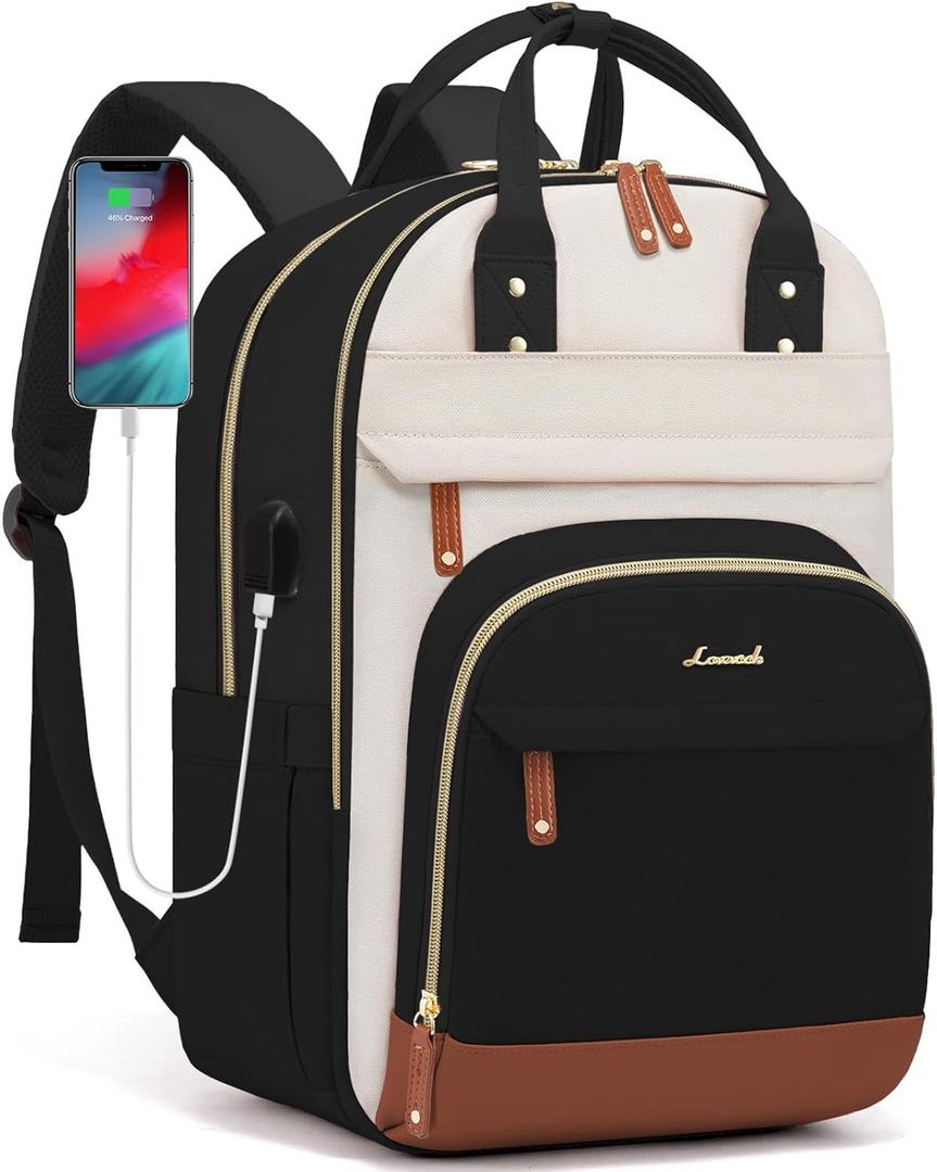 LOVEVOOK Laptop Backpack Women,Large Capacity 17.3 inch Laptop Bag Travel Backpack for Women,Computer Work College Teacher Backpacks with USB Port,Waterproof Personal Item Backpack Casual Daypack (Beige-black-brown)