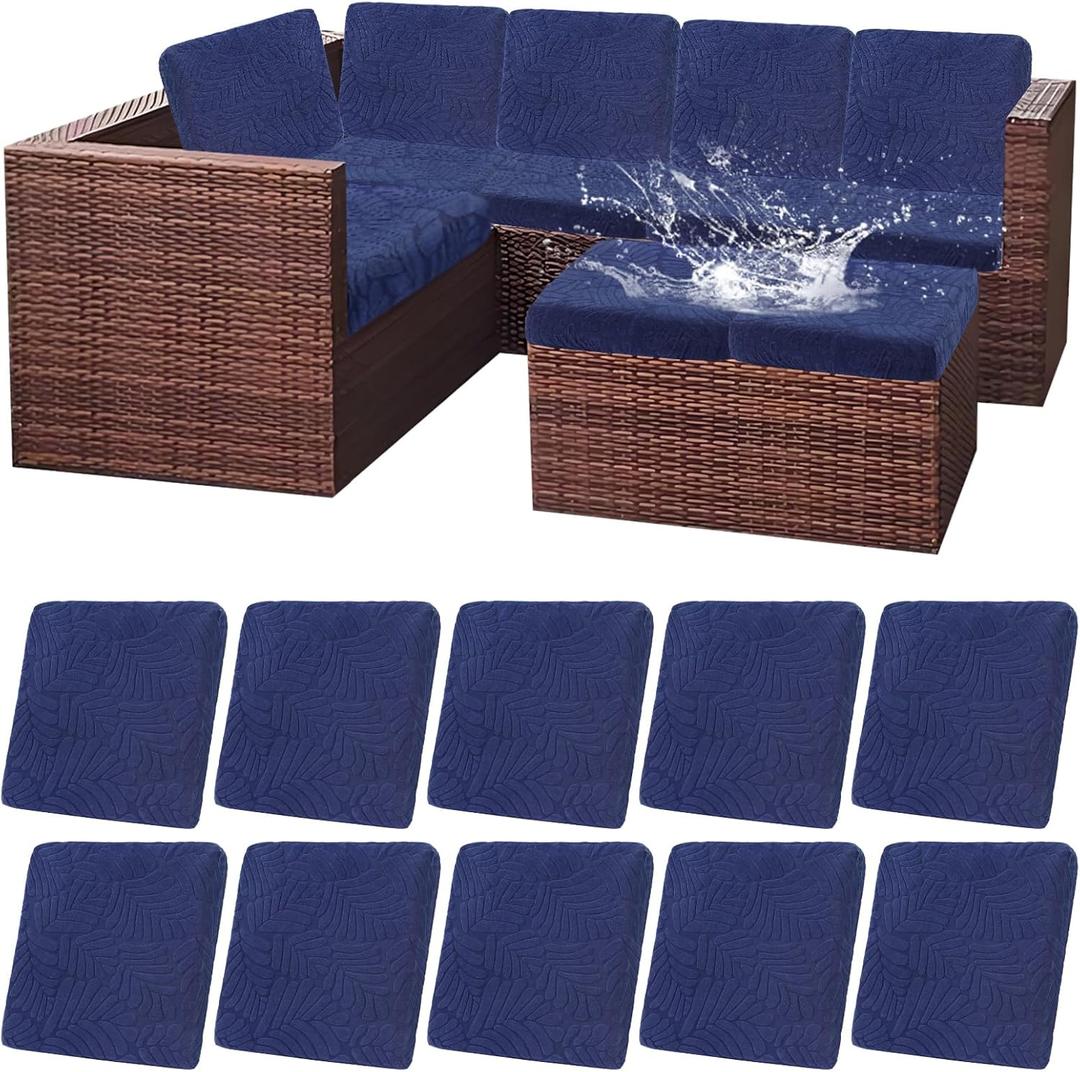 HEBE Outdoor Patio Cushion Covers Set of 10 Waterproof Stretch Seat Cushion Cover for Patio Furniture Clearance Outdoor Sofa Cushion Cover Replacement Couch Slipcovers Chair Seat Cover (Navy Blue)