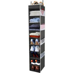 Large-Sized Hanging Shoe Organizer 10-Shelf, Sturdy Hanging Closet Organizer with 8 Side Pockets, Wider Hanging Shelves for Storage Shoes Clothes Jeans Shirts Toys, Black, 1 pack