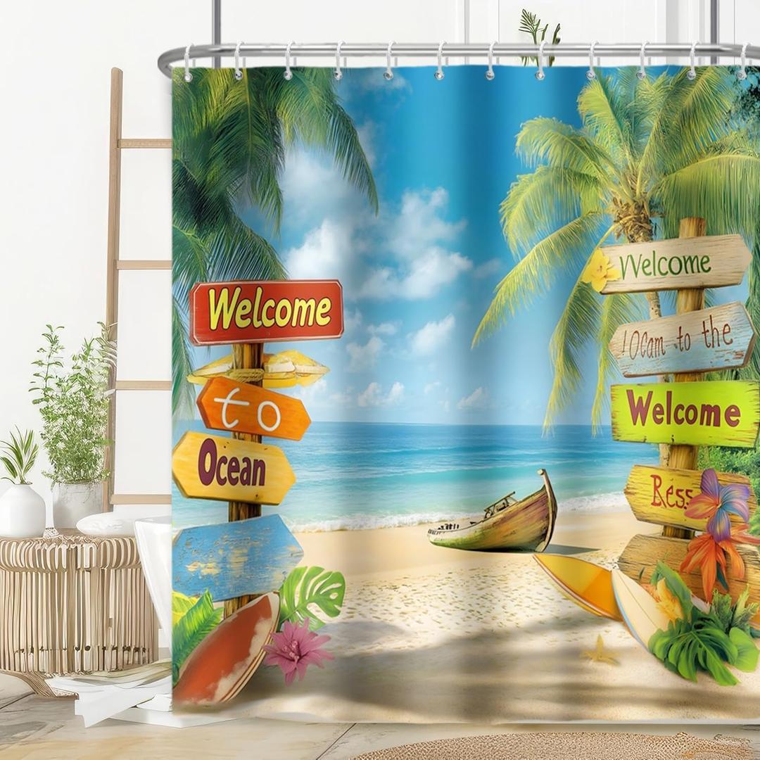 Tropical Beach Shower Curtain for Bathroom Palm Trees Coastal Nautical Seaside Ocean Shower Curtain Fabric Waterproof with 12 Hooks 72 x 72 Inch