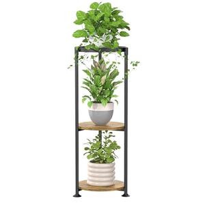 iDavosic.ly 3 Tier Corner Plant Stand Indoor, 34 Inch Tall Vertical Metal Flower Heavy Duty Pot Holder Shelf Outdoor for Patio Porch Living Room, Modern Black & Rustic Brown - Round