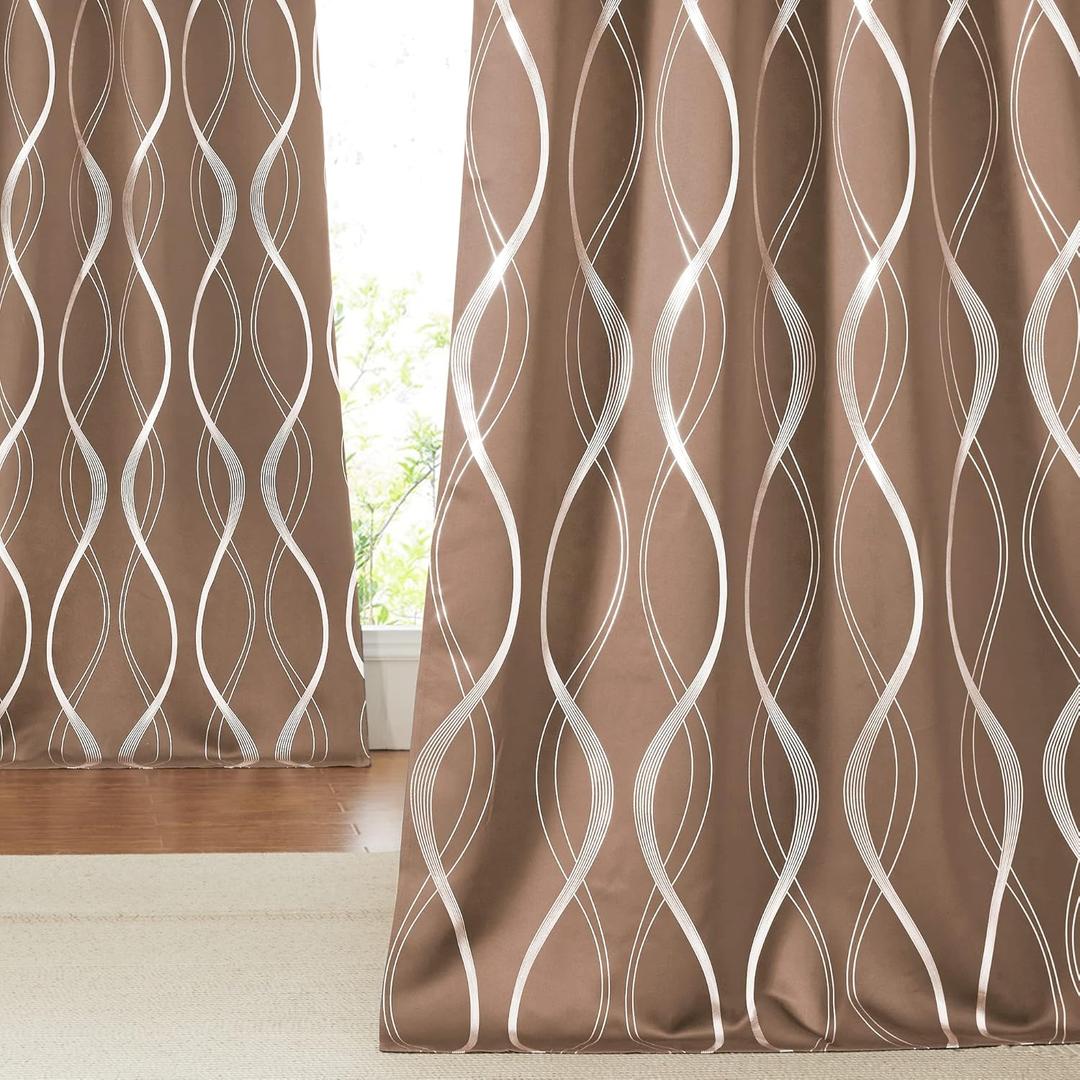 NICETOWN Blackout Curtains Panels for Living Room, Sound Reducing Thermal Insulated Wave Line Foil Print Design Blackout Curtains for Patio Sliding Glass Door (2 Panels, 52 x 84 Inch, Cappuccino)