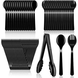 45Pcs Plastic Serving Utensils Set Black Disposable Serving Spoons Tongs Forks for Serving Food Heavy Duty Large Serving Utensils Supplies for Parties Buffet Restaurant Dinner