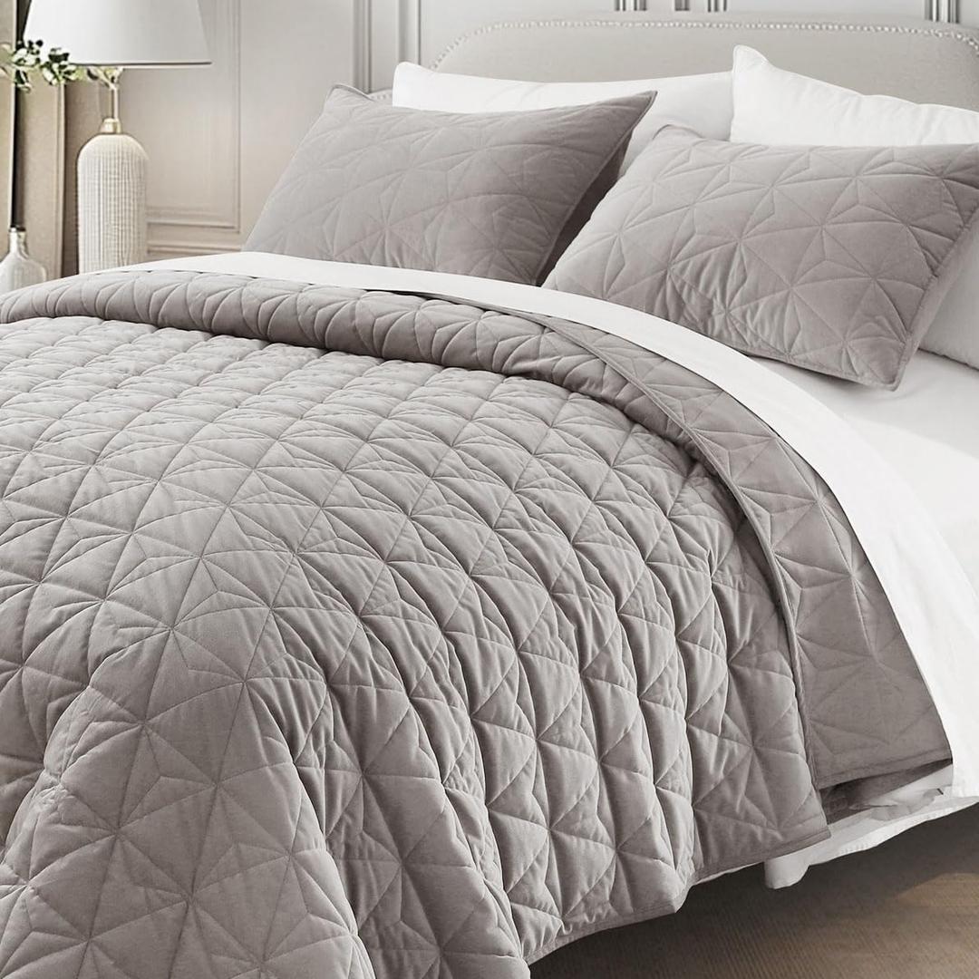 Corduroy Quilt Set Twin 68"x86", Lightweight All-Season Quilt with 2 Pillow Shams, Soft Fine-Striped Quilted Bed Cover, Urban Taupe