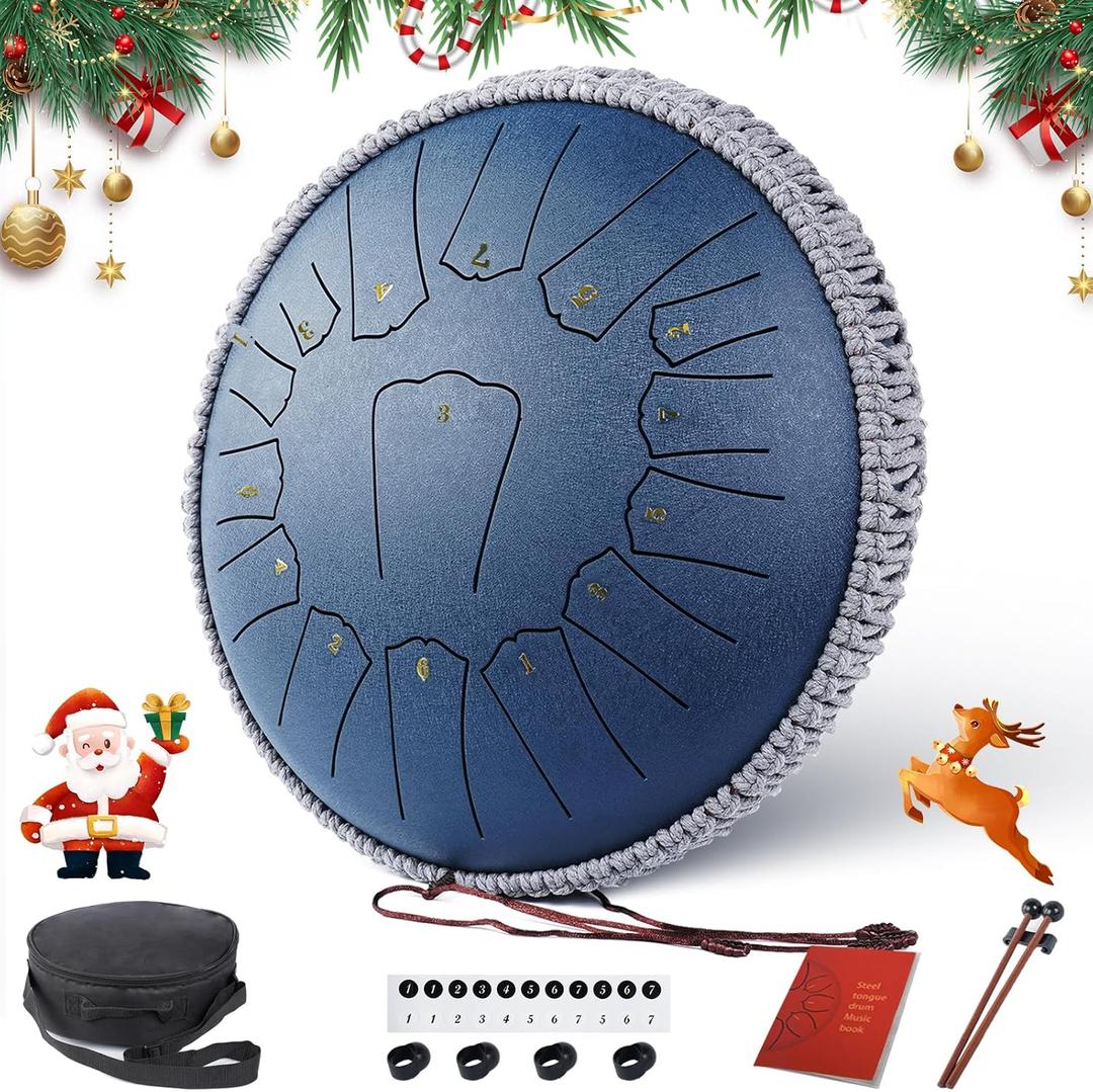 Rain Drum, 13 Inches 15 Notes Steel Tongue Drum, Rain Drum for Outside Garden, Rain Chime Chakra Drum, Hand Pan Musical Instrument Thanksgiving Gift for Adult Kids, Mallets for Meditation Yoga, Navy