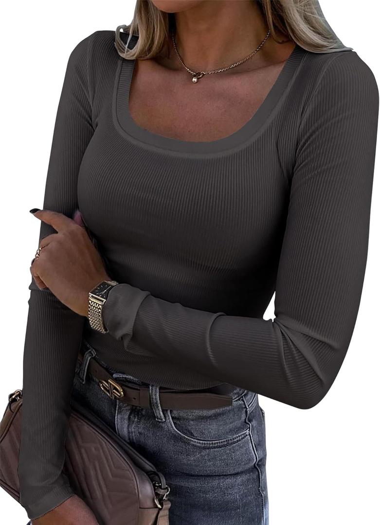 Roselux Womens Long Sleeve Scoop Neck Ribbed Knit Fitted Casual Tops Tee Slim Basic Shirts (Large, Charcoal)