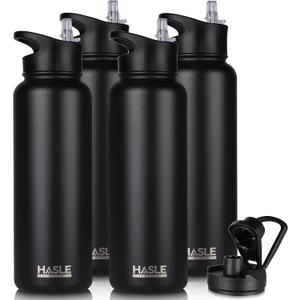 HASLE OUTFITTERS 32 oz Insulated Water Bottles Stainless Steel Double Walled Vacuum Sports Water Bottle with 2 Lids (Straw and Spout Lid) for Gym Camping Hiking(Black) 4pcs