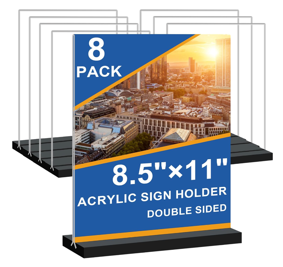 Seencool 8.5x11 Acrylic Sign Holder Vertical Double-Sided Tabletop Sign Holder with Black Base, Plastic Picture Frame Paper Holder, Clear Menu Display Stand for Office Restaurant Store Home 8 Pack
