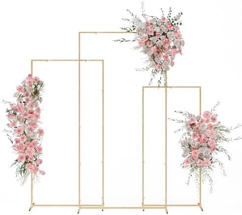 PLYFOU Wedding Arch Stand 3 Set (6.2FT, 5.2FT, 4.3FT) Metal Arch Backdrop Stand, Light Gold Backdrop Stand, Square Backdrop Arch Frame for Birthday Party Ceremony Outdoor Indoor Celebration Decoration