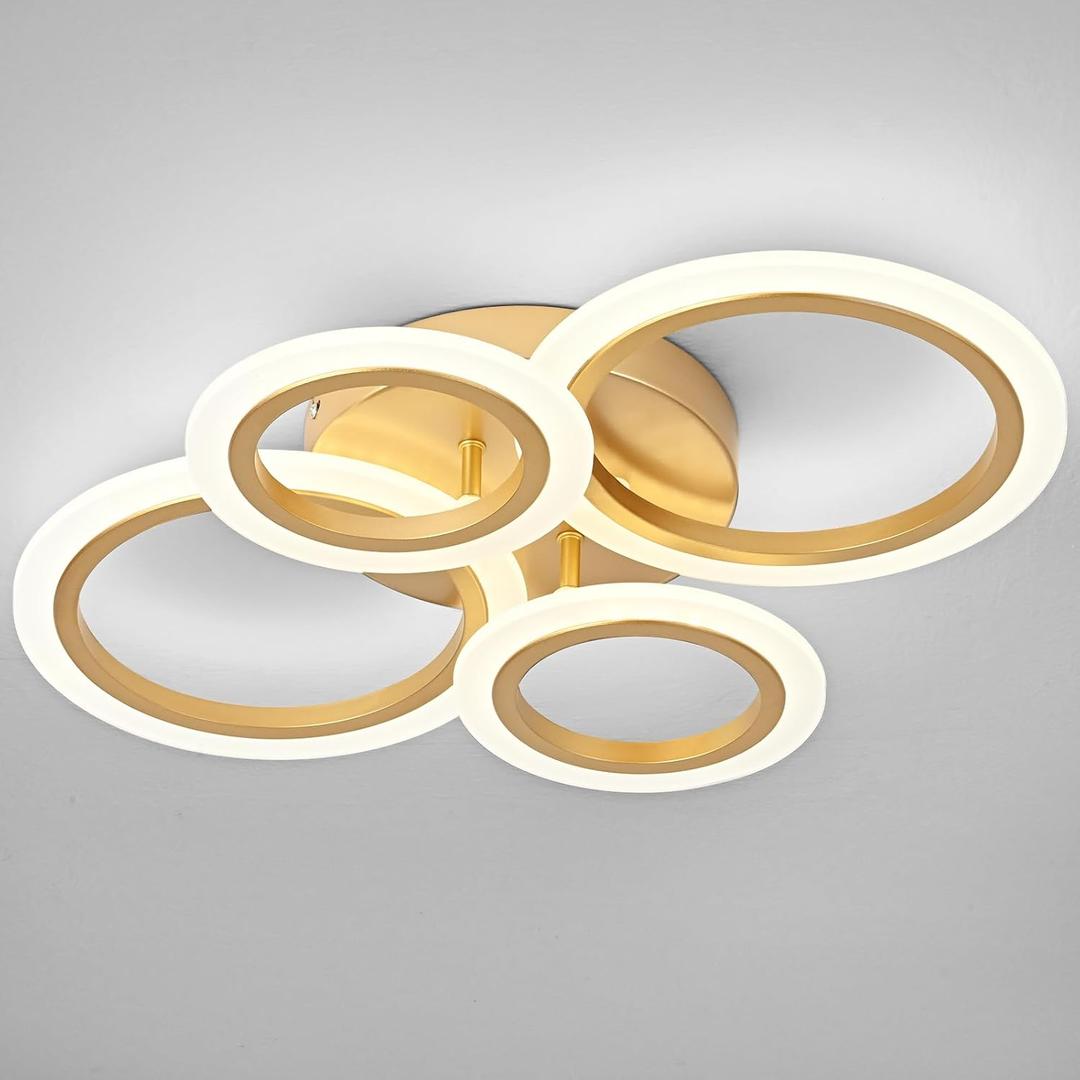 Modern LED Flush Mount Ceiling Light, 4 Rings Gold Close to Ceiling Light Fixtures, Kitchen Lighting Fixture Lamp for Bedroom, Living Room, Laundry Room, 4000K Not Dimmable