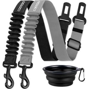 COOYOO Dog Seat Belt,3 Piece Set Retractable Dog Car Harness Adjustable for Vehicle Nylon Pet Safety Heavy Duty & Elastic (Set 09-Black+Grey)