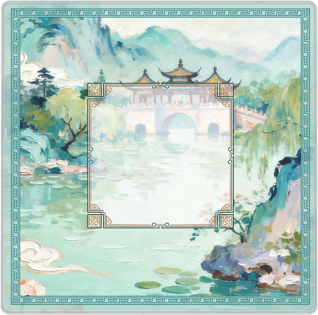 Qabliqo Elegant Chinese Garden Mahjong Mat, Teal Green Chinoiserie Pavilion Lake Non-Slip Noise Reduction Gaming Mat 31.5 x 31.5 Inch for Table American Mahjong Games Card Games Poker Board Dominoes