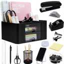 Black Desk Organizers and Accessories 12+1Pcs, Office Supplies for Desk, Pen Organizer with 2 Drawers with Stapler,1000 Staples, Phone Holder, Tape Dispenser, Pen Holder, Sticky Note, Clips, Ruler,Etc