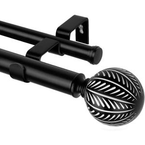 KAMANINA 1 Inch Wood Double Curtain Rods for Windows 72 to 144 Inches (6-12 Feet), Heavy Duty Decorative Drapery Rods 66 to 120 inch, Black Leaf Pattern Finials