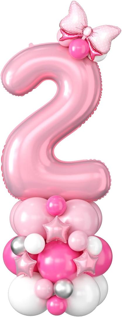 40 Inch Pink Number 2 Balloon for 2nd Birthday Decoration Pastel Baby Pink Number Two Foil Balloon Tower Giant Large Digit Hot Pink White Helium Balloons Stack for Girls Second Anniversary Party
