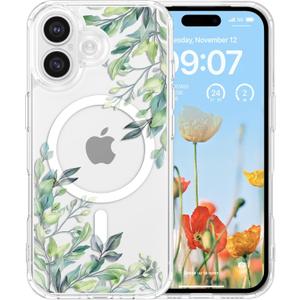 RALEAVO for iPhone 17 Case Compatible with MagSafe Clear Floral Cover with Green Leaves Pattern for Girls Women Slim Cute Hard Back Shockproof Phone Case for iPhone 17,Transparent