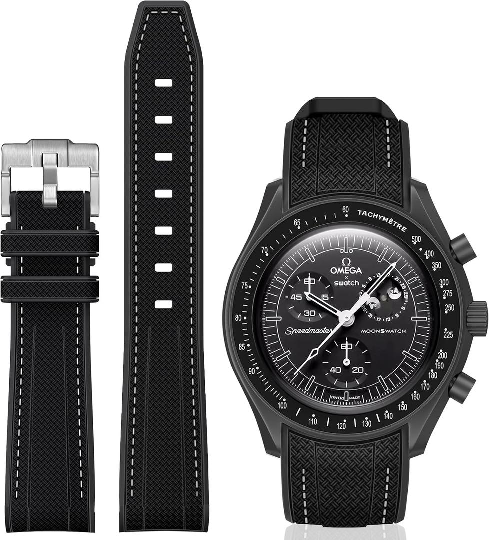 BONACE Bands for Moonswatch Watch,Curved SIlicone Strap Compatible with Omega X Swatch 20mm Watch,Swatch Omega Moonswatch Speedmaster Replacement No Gap Strap Men Women (Black white line)