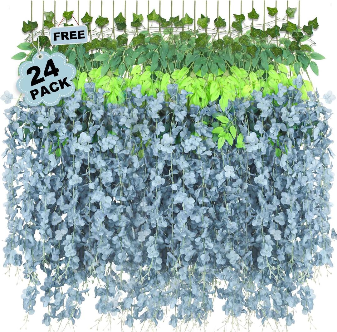 LELEE 25 Pcs Artificial Wisteria Hanging Flowers 3.6ft Dusty Blue Fake Hanging Flowers Garland Silk Flowers Rattan String Faux Wisteria Vine for Wall Home Wedding Party Arch Greenery Backdrop Decor