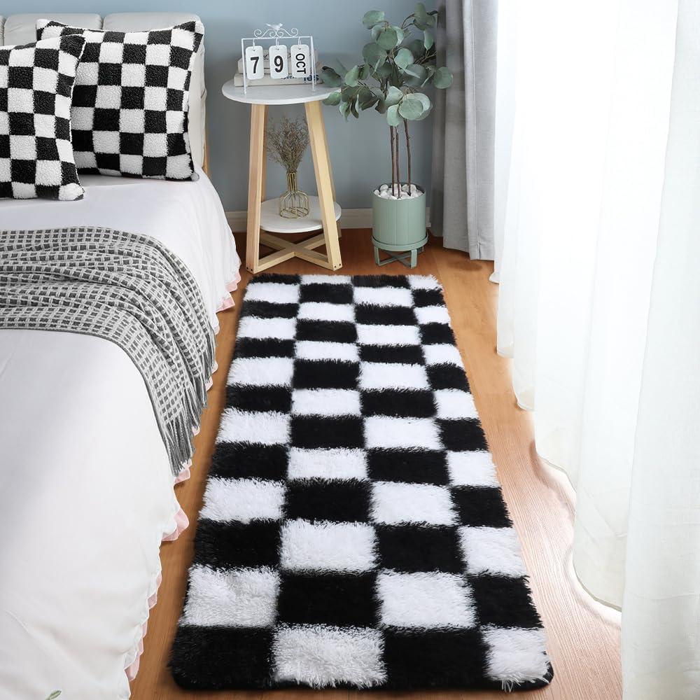 KICMOR Fluffy Soft Runner Rug for Bedroom Living Room, 2x6 Black and White Checkered Rugs Fuzzy Plush Shaggy Bedside Carpet, Non Slip Long Rug for Kids Girls Boys Room Nursery Home Decor Aesthetic