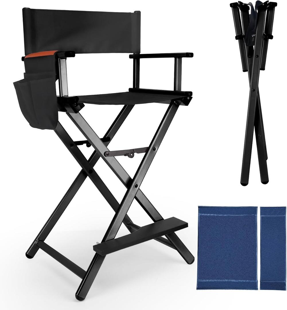 30" Extra Tall Folding Directors Chairs for Makeup Artist and Client, 2 Set Replacement Cover, Storage Side Bags, Portable Footrest, Aluminum Frame 330 lbs Capacity