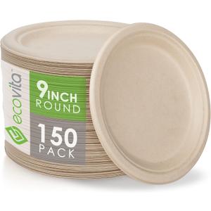 Ecovita 100% Compostable Paper Plates [9 in.] – 150 Disposable Plates Eco Friendly Sturdy Tree Free Liquid and Heat Resistant Alternative to Plastic or Paper Plates