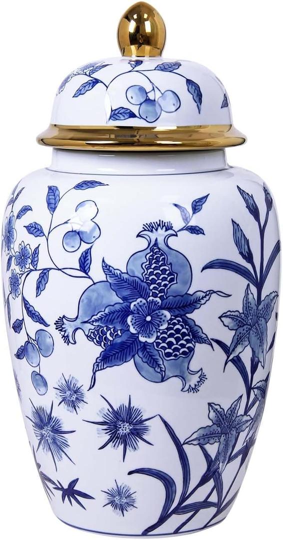16" H Blue & White Floral Ceramic Ginger Jar with Lid - Elegant Urn Shape Vases for Centerpieces, Home Dcor Accents Porcelain Jar for Tea Storage or Entryway Table Decor