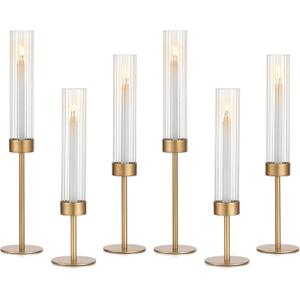 Glasseam Tapered Gold Candlestick Holders: 6 Pcs Tall Brass Taper Candle Holder with Ribbed Glass Cylinder - Hurricane Fluted Candle Holders for Table Centerpiece Wedding Party Christmas Decorations