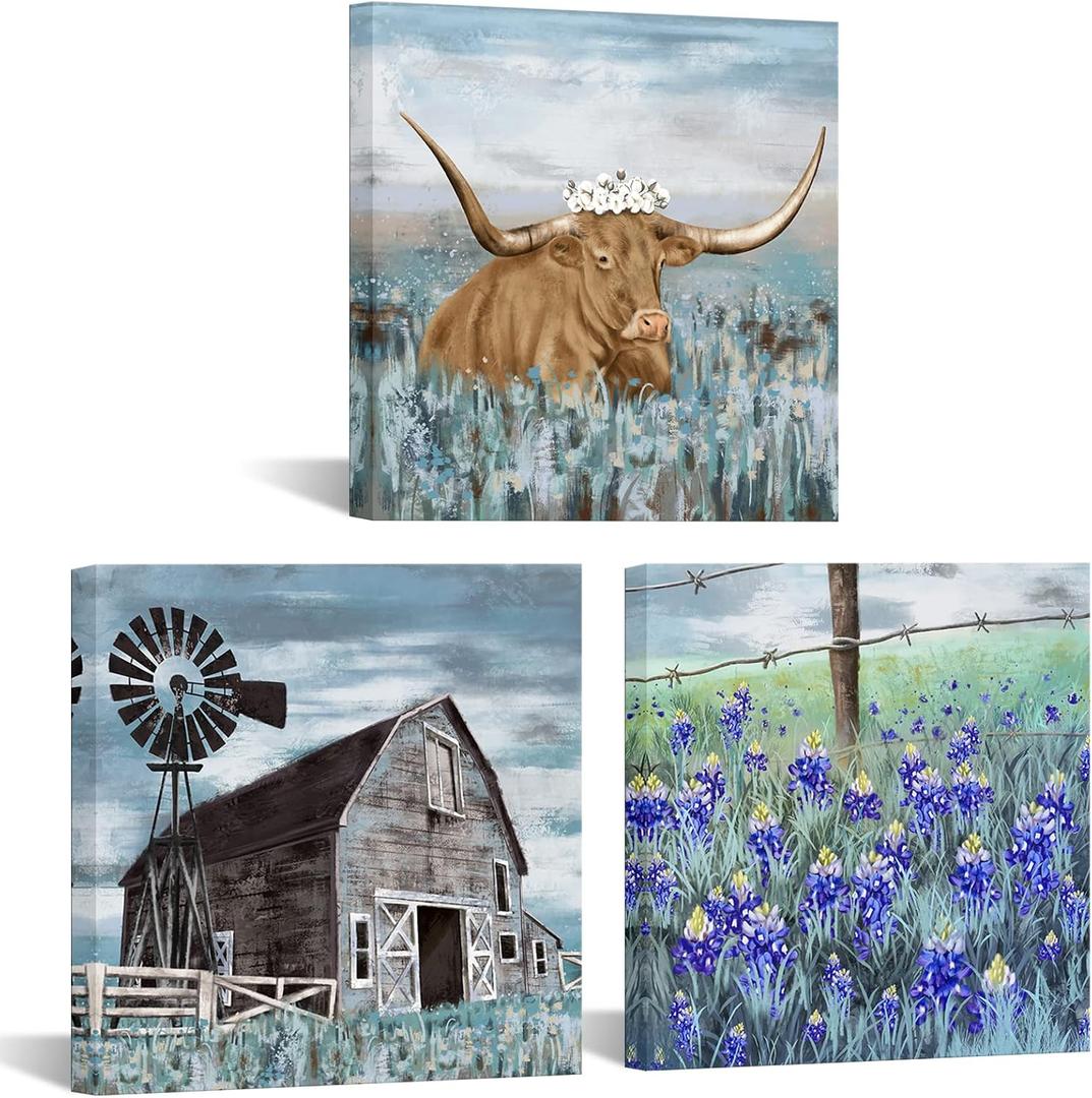 Conipit Texas Farm Canvas Wall Art Farmhouse Landscape Paintings Windmills Bluebonnets Pictures Art Wall Decor Framed for Living Room Home Decor 12"x12"x3Pcs