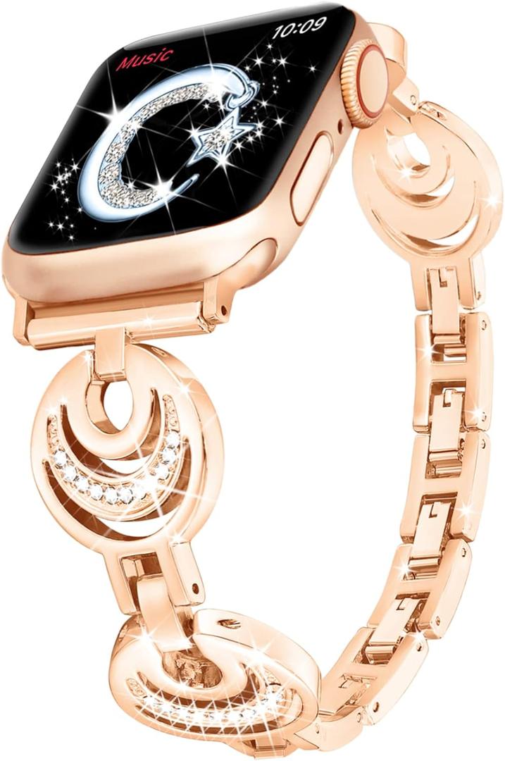 Ygtiecs Compatible with Apple Watch Band Series 7 41mm 40mm 38mm, Easy Adjustable Bracelet for Women, Bling Shiny Diamond on Moon, Dressy Replacement for Series 7 6 5 4 3 2 1 SE -iWatch Band Rose Gold