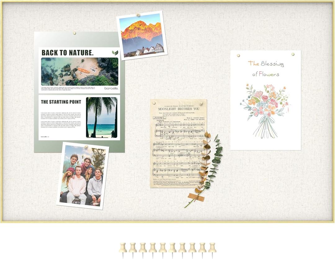 An&He Bulletin Board 24 x 36 Inches, Linen Pin Board with Sawtooth Hangers & 10 Push Pins, Wall Mounted Cork Notice Board for Office, Home, School, Classroom, Gold
