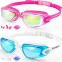 EverSport Swim Goggles Pack of 2 Swimming Goggles Anti Fog for Adult Men Women Youth Kids (Colorful Mirrored Rose Red & Lightblue)