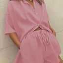 Fixmatti Women 2 Piece Outfits Long Sleeve Button Down Blouse and Shorts Sweatsuit Sets (Pink, M)