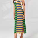 Wenrine Womens Summer Striped Dress Sleeveless Knitted Contrast Color Side Slit Casual Maxi Beach Dress (Small, Green)