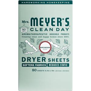 MRS. MEYER'S CLEAN DAY Dryer Sheets, Fabric Softener, Reduces Static, Infused with Essential Oils, Birchwood, 80 Count