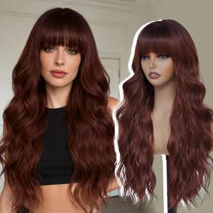 Auburn Wig with Bangs 26Inch Wavy Curly Reddish Brown Hair for Women Tangle Free Beginner Friendly Soft Natural Looking Wigs for Daily Party Use