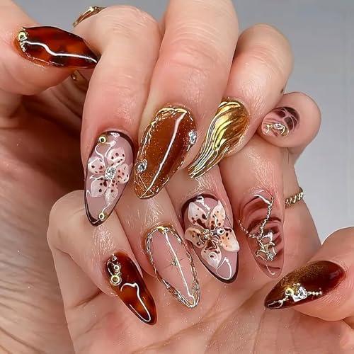Medium Press on Nails Almond Fake Nails with Design Gold Foil Charms Flower Glue on Acrylic Nails Brown Stick on False Nails Artificial Full Cover Nail Supplies for Women 24 Pcs