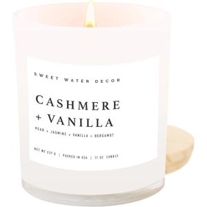 Sweet Water Decor Cashmere and Vanilla Soy Candle - Soft Cashmere, Sandalwood, Jasmine, and Vanilla Scented Candle for Spring - 11oz White Jar and Wood Lid, 50+ Hour Burn Time, Made in The USA