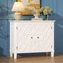 40" Coffee Bar Cabinet with Shelf, Craft Storage Cabinet with Doors, Wood Cabinet, Charming Carved Motif, Entry Way Cabinet with Storage, Sideboard Buffet for Living Room, Kitchen, Distressed White