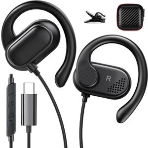 USB C Earbuds Wired Over Ear Headphones for iPhone 17 16 Pro 15 Plus/iPad 10th for Google Pixel 10 Pro 8 7 Open Ear Sport Headset Type USB C Earphones with Microphone Volume Control Rotatable Earhook