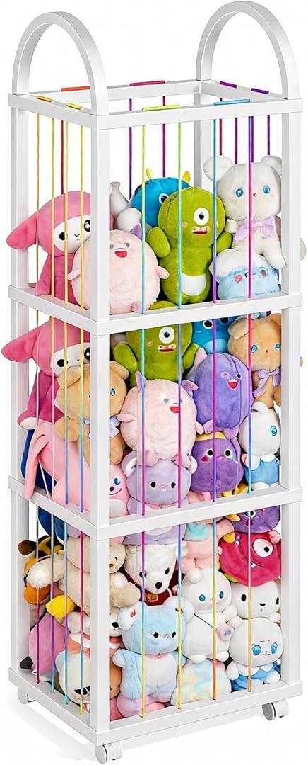 HOOBRO Stuffed Animal Storage, Kids Toy Zoo Storage Organizer with Wheels and Elastic Band, Large Stuffed Animals Holder for Nursery, Playroom, Living Room, White WT128CW01