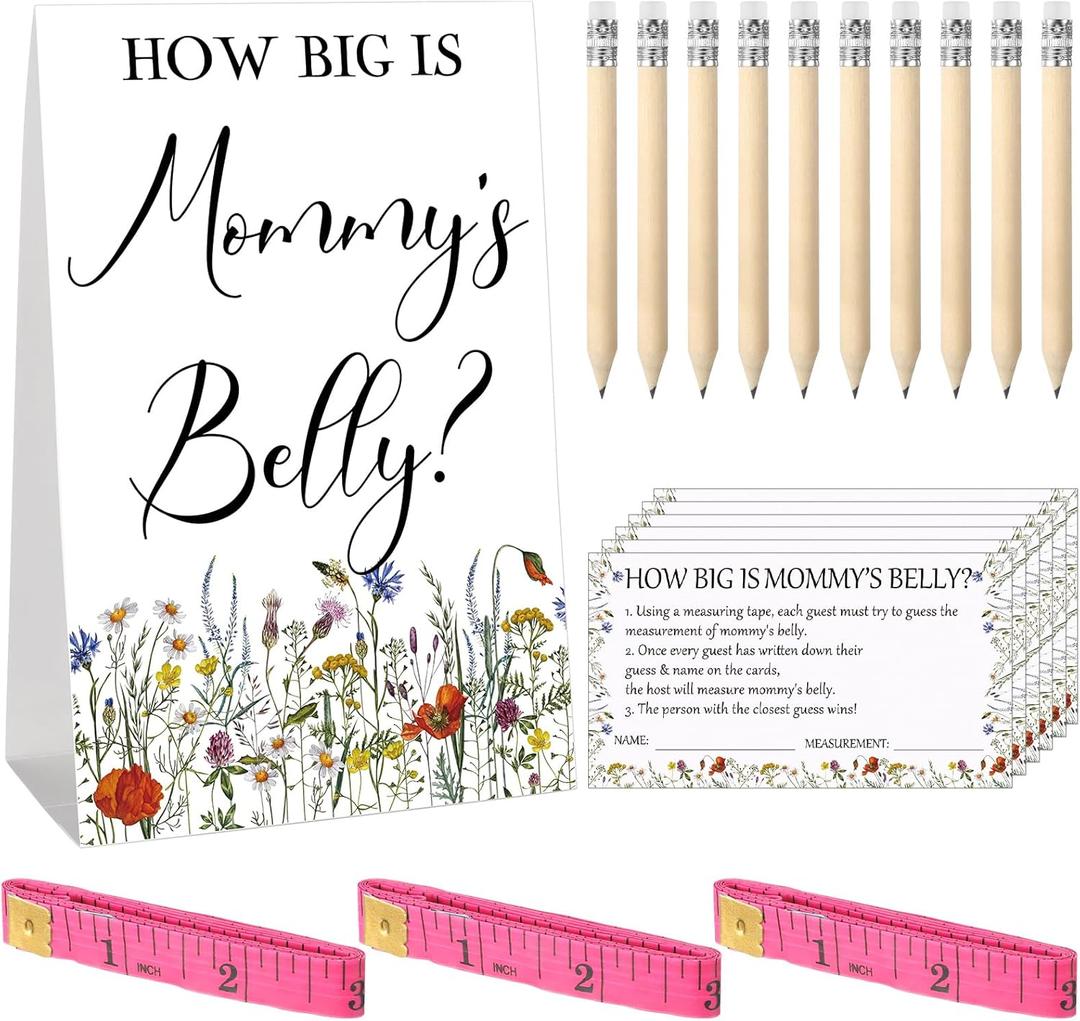 Sabary 64 Pcs Baby Shower Games Include How Big is Mommy's Belly Sign Measure Bump Game 50 Cards 10 Pencils 3 Measuring Tapes for Baby Shower Gender Reveal Party Supplies(Wildflower)