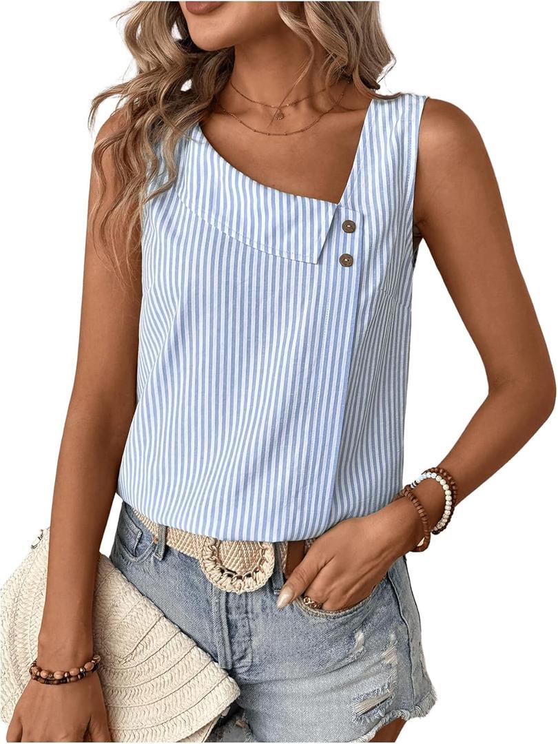 Women's Button Asymmetrical V Neck Striped Print Blouses Casual Sleeveless Tank Top Summer Shirt Tops (Blue, L)