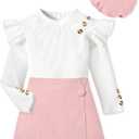 MIGU Girls Clothes Ruffle Long Sleeve Round Neck Button Top Skirt Short Beret Fall Outfit 3 Piece Skirt Set, 7-8Y