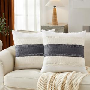 Soft Cotton Boho Throw Pillow Covers Set of 2, Natural White/Contrast Charcoal 22x22 Inch, Grey Farmhouse Decorative Cushion Covers for Sofa Bed Living Room Home Decor